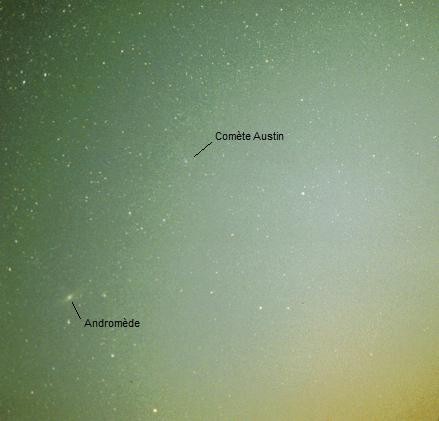 02/05/1990, 5h00, comète Austin, mag 5, apapreil argentique en parallèle sur télescope, pose 5 mn