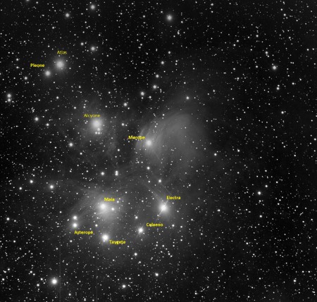 M45, Les Pleiades, filtre luminance, pose 11x 5mn